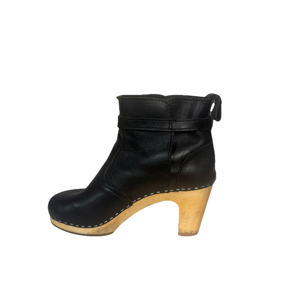 Swedish Hasbeens Jodhpur Toffel Wood Clog Black Leather Strap Boots - Picture 7 of 16